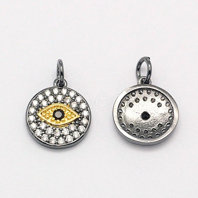 Flat Round with Evil Eye Brass Micro Pave Cubic Zirconia Charms ZIRC-F017-07B-1