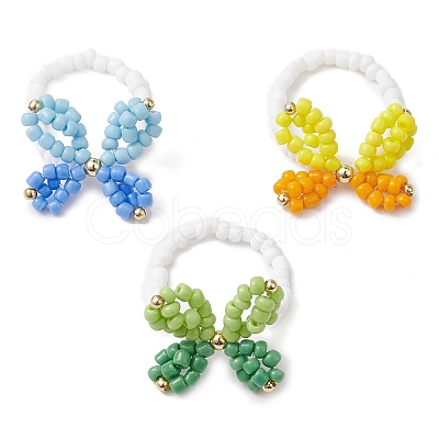 3Pcs 3 Colors Butterfly Glass Seed Beaded Stretch Finger Rings for Women RJEW-TA00150-1