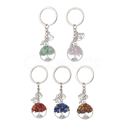 5Pcs 5 Styles Tree of Life Natural Amethyst & Tiger Eye & Red Jasper & Lapis Lazuli & Green Aventurine Pendant Keychains KEYC-JKC00924-1