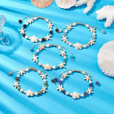 6mm Round Gemstone & Shell Pearl Braided Beaded Bracelets BJEW-JB10321-1