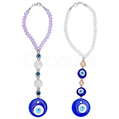 AHADEMAKER 2Pcs 2 Style Glass Beaded Turkish Blue Evil Eye Hanging Pendant KEYC-GA0001-30-1