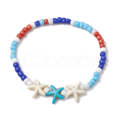 Summer Beach Starfish Synthetic Turquoise & Pearl Bracelet Sets BJEW-JB10347-01-1