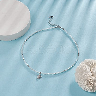 Clear Cubic Zirconia Tortoise Pendant Necklace with Natural Aquamarine Beaded Chains for Women NJEW-JN04271-04-1