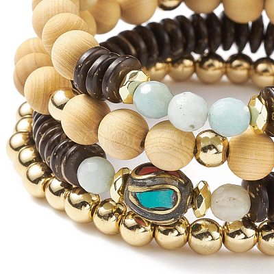 4Pcs 4 Style Natural Flower Amazonite & Synthetic Hematite & Wood Stretch Bracelets Set with Indonesia Beaded BJEW-JB08360-1