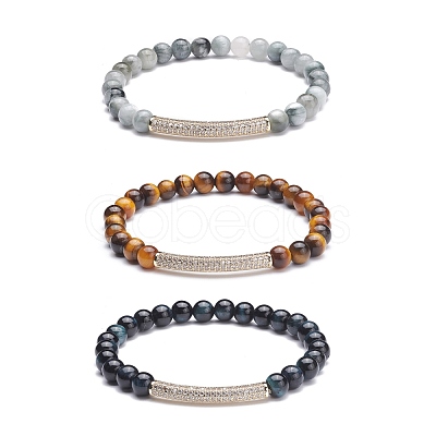 Round Natural Tiger Eye & Hawk's Eye Beads Stretch Bracelets Set BJEW-JB07151-1