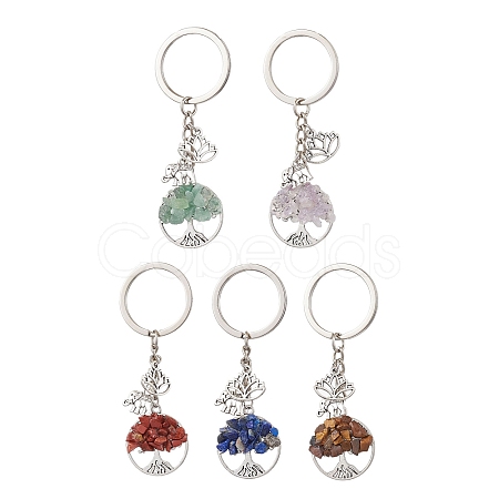 5Pcs 5 Styles Tree of Life Natural Amethyst & Tiger Eye & Red Jasper & Lapis Lazuli & Green Aventurine Pendant Keychains KEYC-JKC00924-1