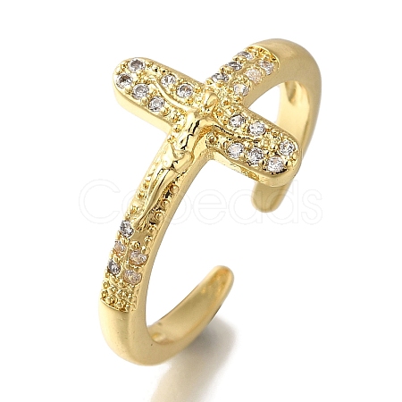 Rack Plating Crucifix Cross Brass Clear Cubic Zirconia Open Cuff Rings RJEW-S411-06G-1