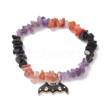 Natural South Red Agate & Amethyst & Obsidian Chips Beaded Stretch Bracelets BJEW-TA00493-1