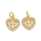 Brass Micro Pave Clear Cubic Zirconia Charms, Heart with Cross, Golden, 11x9.5x1.5mm, Hole: 3mm