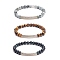 Round Natural Tiger Eye & Hawk's Eye Beads Stretch Bracelets Set, Curved Tube Cuibic Zirconia Beads Bracelets, Golden, Inner Diameter: 2-1/8 inch(5.3cm), 3pcs/set