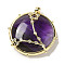 Constellation Natural Amethyst Pendants, Brass Flat Round Charms, Golden, Aquarius, 32x30x9mm, Hole: 2mm