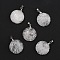 Natural Quartz Crystal Pendants, with Platinum Tone Brass Findings, Flat Round with Rose Pattern, 32x25x8mm