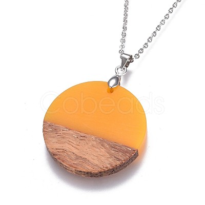 Flat Round Resin & Wood Pendant Necklaces NJEW-JN02324-M-1