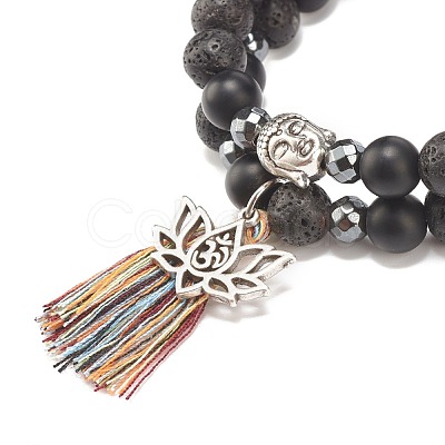 2Pcs 2 Style Natural Lava Rock & Synthetic Hematite Stretch Bracelets with Alloy Lotus & Buddha Head BJEW-JB08026-1