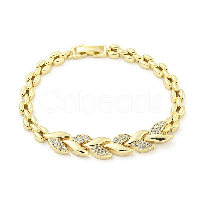 Brass Micro Pave Clear Cubic Zirconia Leaf Link Chain Bracelets for Women BJEW-R315-01B-G-1