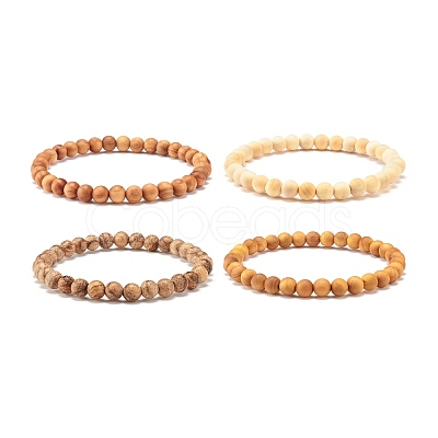 6mm Round Natural Mixed Wood Beads Stretch Bracelet BJEW-JB07360-1