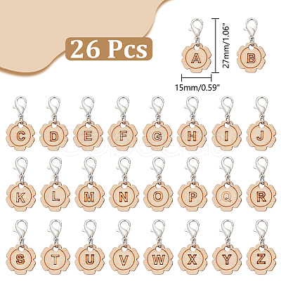 26Pcs Letter A~Z Flower Wood Pendant Locking Stitch Markers HJEW-AB00665-1