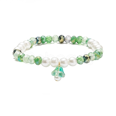 Glass Pearl & Flower Beaded Stretch Bracelet with Bell Charm for Women BJEW-JB08513-1