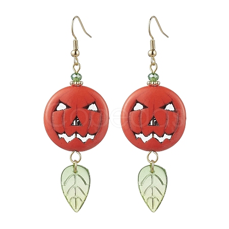 Synthetic Turquoise Pumpkin & Glass Leaf Dangle Earrings EJEW-TA00408-1