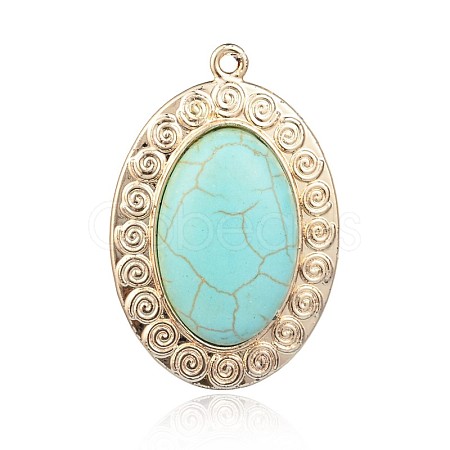 Lead Free & Nickel Free Golden Plated Oval Alloy Synthetic Turquoise Pendants PALLOY-J501-01G-1