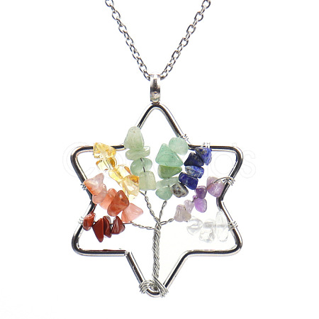 Natural Gemstone Chip Star of David & Tree of Life Pendant Necklaces WG17190-01-1