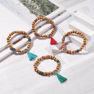 Natural Wood Stretch Bracelet with Gemstone BJEW-JB08222-1