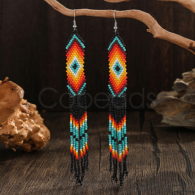 Geometric Glass Bead Tassel Dangle Earrings HM7356-1