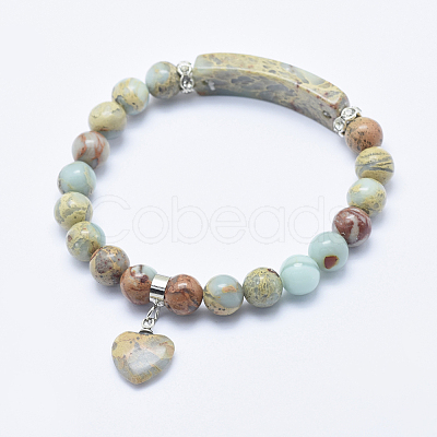 Natural Aqua Terra Jasper Stretch Charm Bracelets BJEW-E322-01B-1