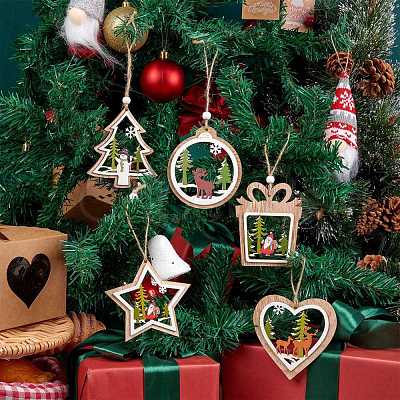 10Pcs 5 Style Wooden Hanging Ornaments sgWOOD-SZ0004-04-1