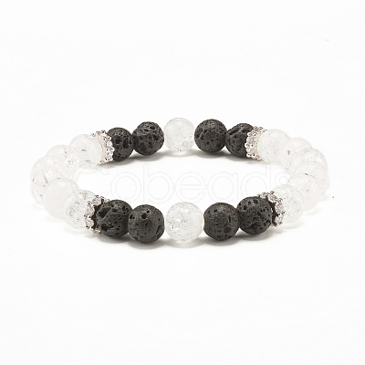 Natural Crackle Quartz & Lava Rock Round Beads Stretch Bracelets Set BJEW-JB07205-1