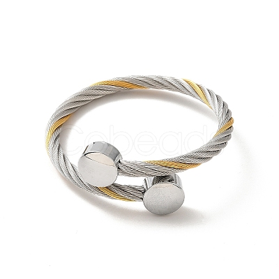 304 Stainless Steel Twist Rope Open Cuff Bangle with Flat Round Beaded for Women BJEW-P283-52-1