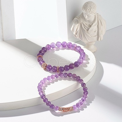 Natural Amethyst Round Beads Stretch Bracelets Set BJEW-JB06980-02-1