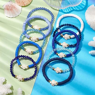 10Pcs 10 Styles Faceted Glass & Handmade Polymer Clay Breaded Stretch Bracelets BJEW-JB10259-1