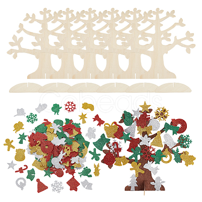 Nbeads 6 Set Christmas Unfinished Wood 3D Tree Display Decoration Kit DIY-NB0008-65-1