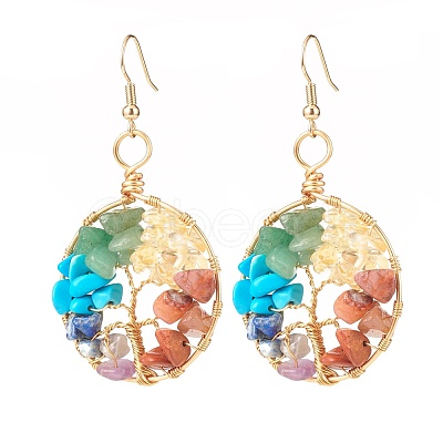 Natural & Synthetic Mixed Gemstone Chips Braided Ring with Tree of Life Dangle Earrings EJEW-JE04878-03-1