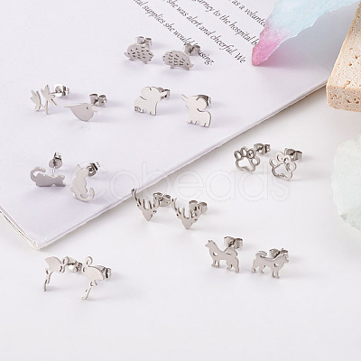 Crafans 16 Pairs 16 Style Crocodiles & Dog & Swan & Hedgehog & Dinosaur & Bird 304 Stainless Steel Stud Earrings EJEW-CF0001-02P-1