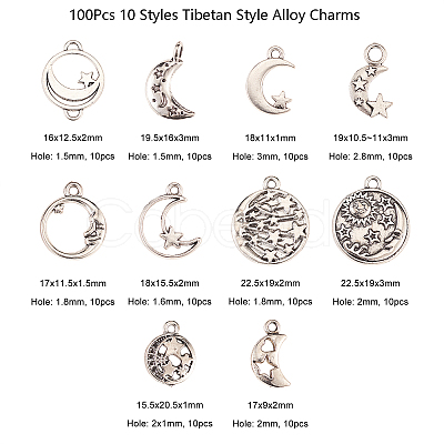 100Pcs 10 Styles Tibetan Style Alloy Ring Pendants TIBEP-CJ0001-47-1