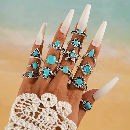 14Pcs 14 Styles Synthetic Turquoise Finger Rings PW-WG86BD8-01-1