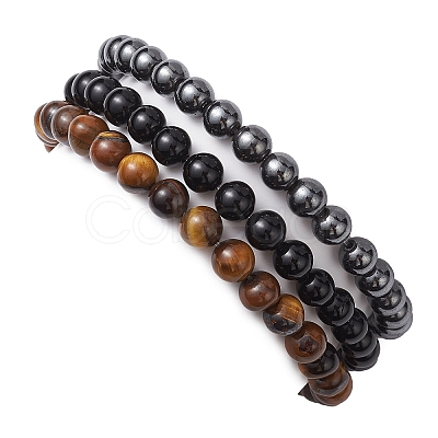 3Pcs 3 Style Natural & Synthetic Mixed Stone Round Beaded Stretch Bracelets BJEW-JB10178-02-1