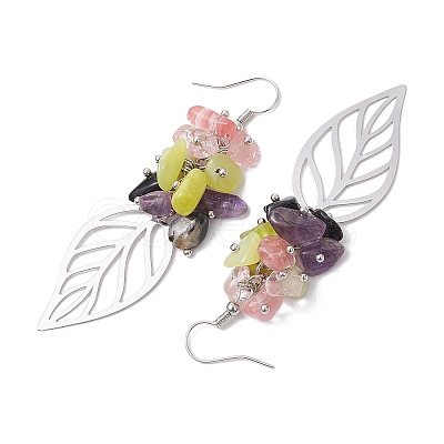 Leaf 201 Stainless Steel Natural Amethyst & Natural Lemon Jade & Natural Tourmaline & Synthetic Cherry Quartz Chip Dangle Earrings EJEW-JE06138-04-1