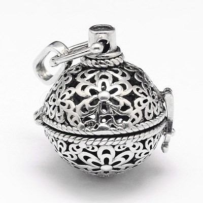 Rack Plating Brass Hollow Round with Flower Cage Pendants KK-M181-09AS-1