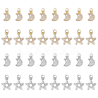 PANDAHALL ELITE Moon & Star Brass Micro Pave Clear Cubic Zirconia Charms ZIRC-PH0001-13-1