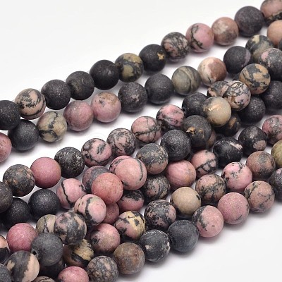 Frosted Natural Rhodonite Round Bead Strands G-F266-13-8mm-1