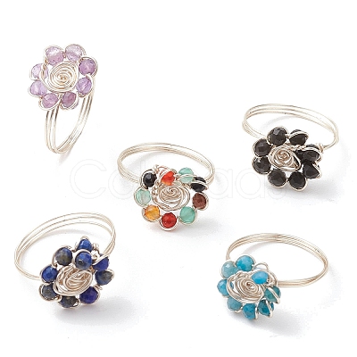 Flower Natural Black Spinel & Amethyst & Agate & Apatite & Lapis Lazuli Finger Rings RJEW-JR00764-1