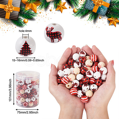 Beadthoven 100Pcs 5 Style Christmas Themed Dyed Natural Wooden Beads WOOD-BT0001-07-1