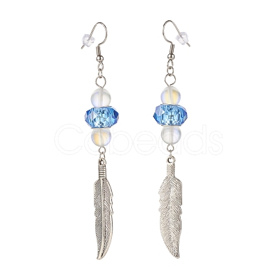 Feather with Round Beads Long Dangle Earrings for Girl Women EJEW-JE04681-01-1