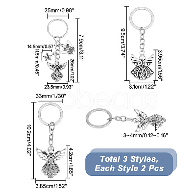 PandaHall Elite 6Pcs 3 Style Angel Wing Tibetan Style Alloy Pendants Keychain KEYC-PH0001-82-1