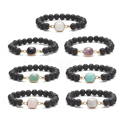 7Pcs 7 Sytle Natural Mixed Gemstone Square & Round Beaded Stretch Bracelets Set for Women BJEW-JB09939-1