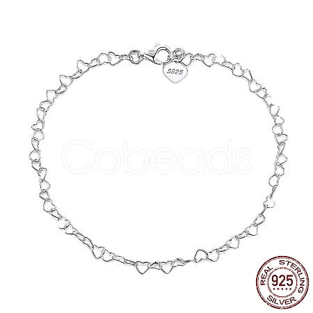 Rhodium Plated 925 Sterling Silver Heart Link Chain Anklets Jewelry for Women AJEW-F162-008P-1