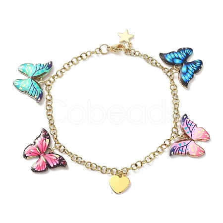 Enamel Butterfly & Alloy Heart Charm Bracelet with Ion Plating(IP) 304 Stainless Steel Chains BJEW-JB09558-1
